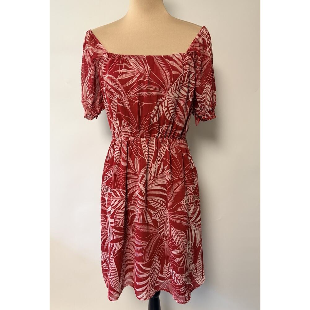 Banana Republic Women’s Medium Red Tropical Sundress Puff Sleeve Sheer Resort